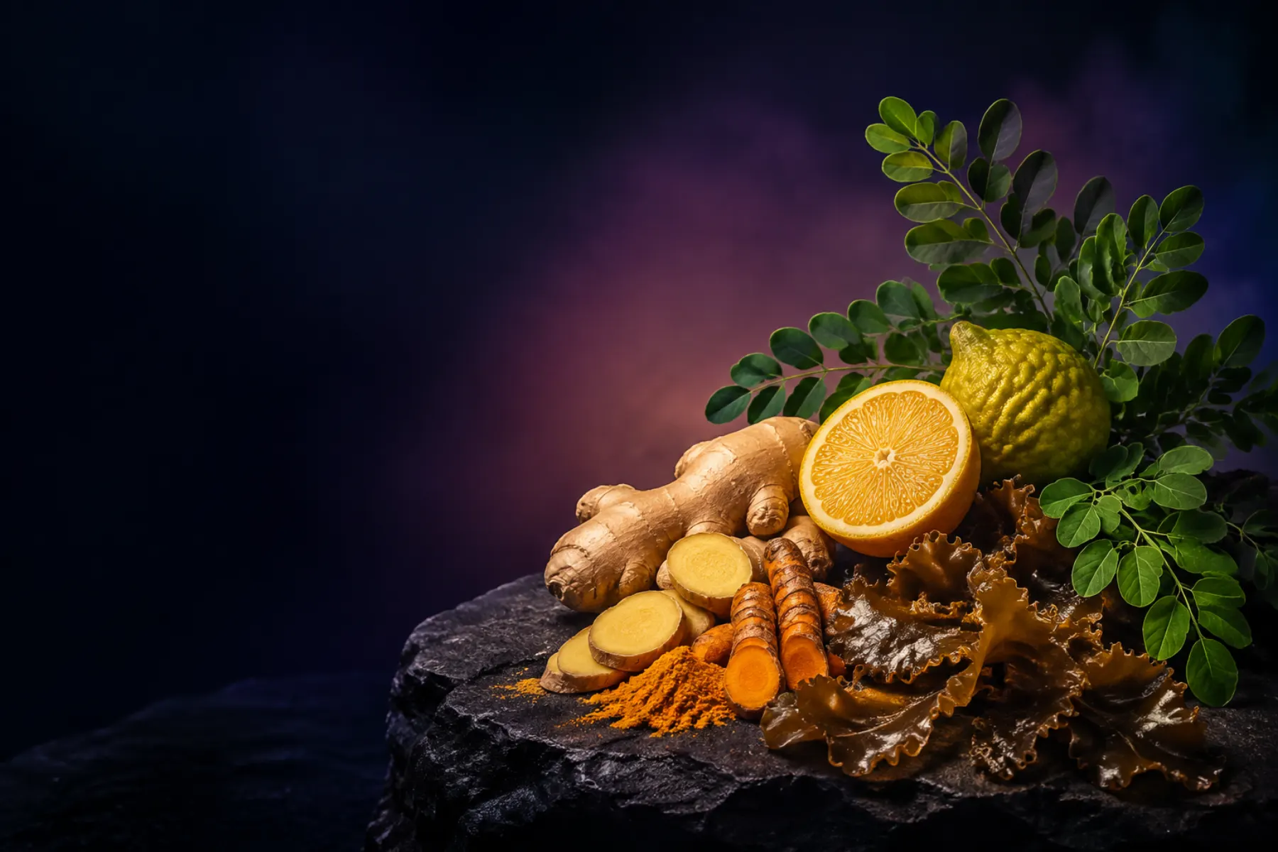 Gingembre, curcuma, agrume, moringa et algue disposés sur une pierre sombre